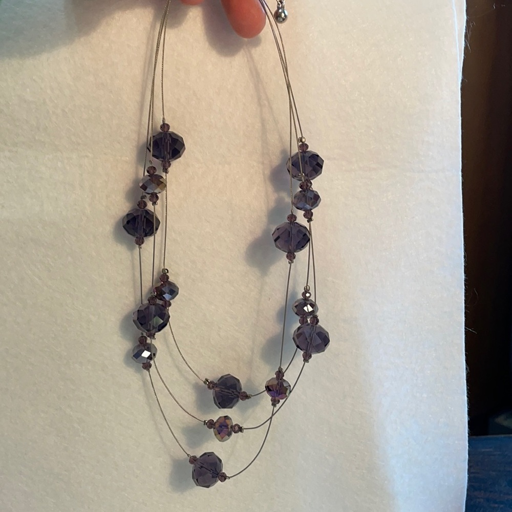 Triple strand purple faceted glass bead invisible necklace 17”-19”
